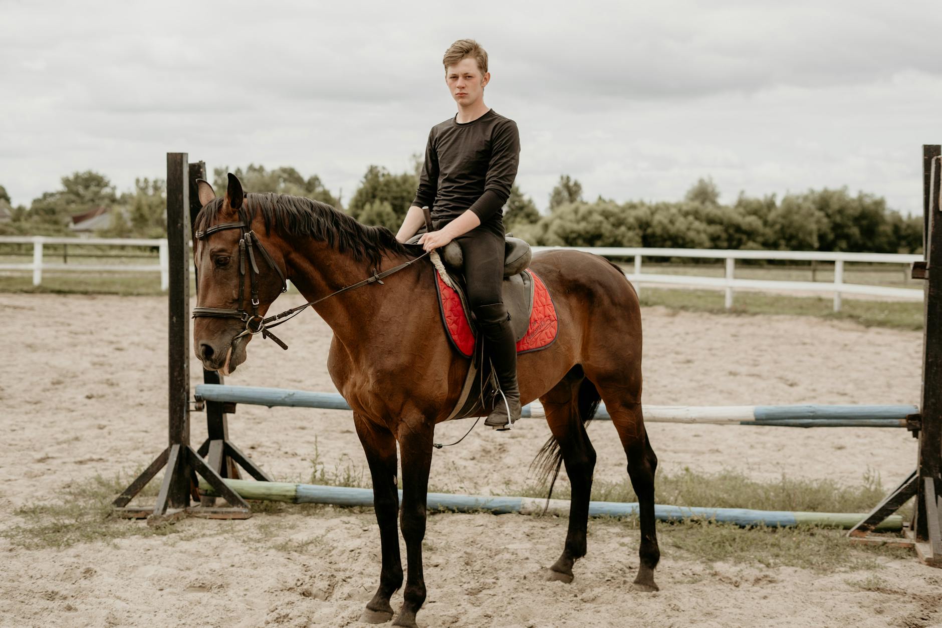 Młody jeździec na koniu trenuje na odkrytym parkurze