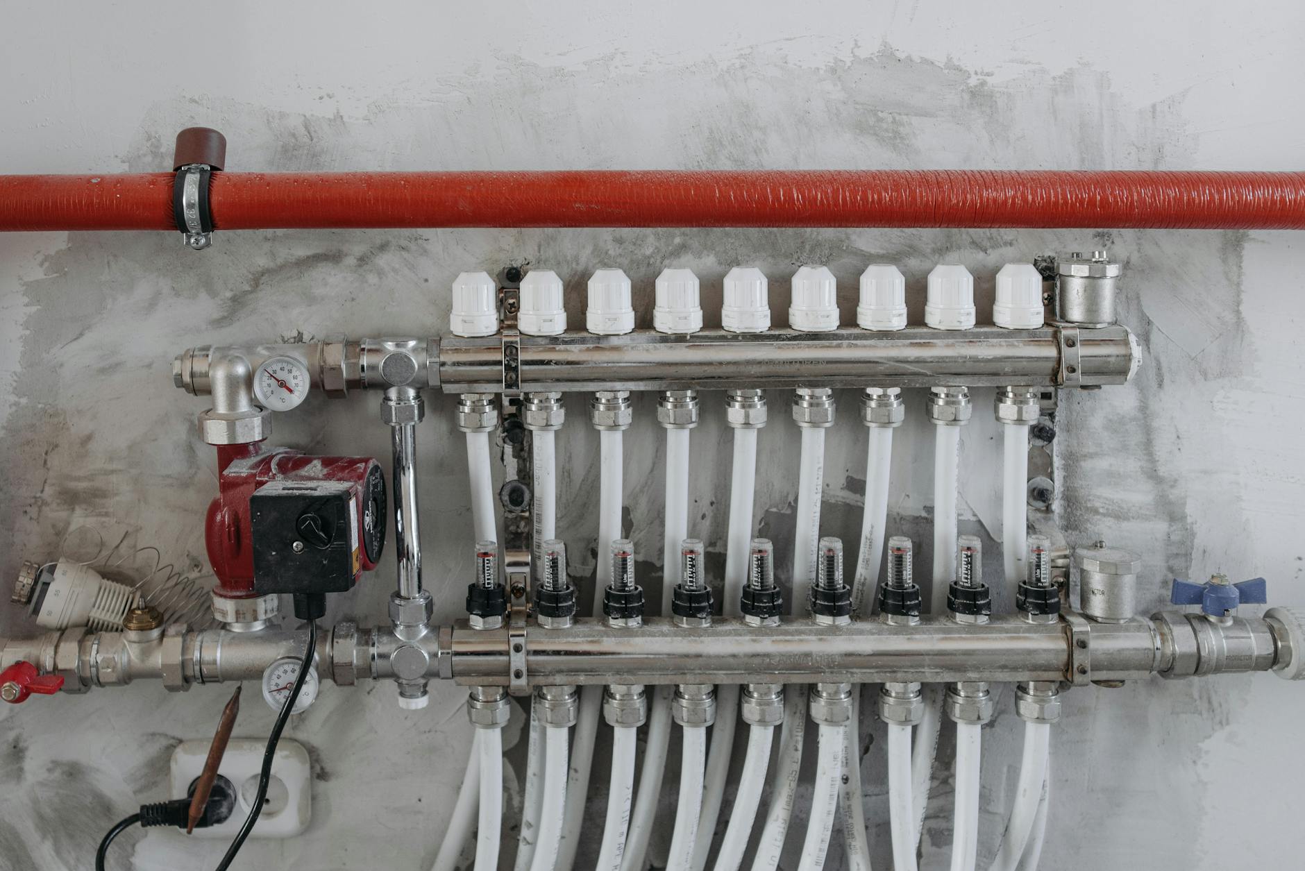 Manometr z podłączonymi rurami stalowymi w układzie hydrauliki wspomagania